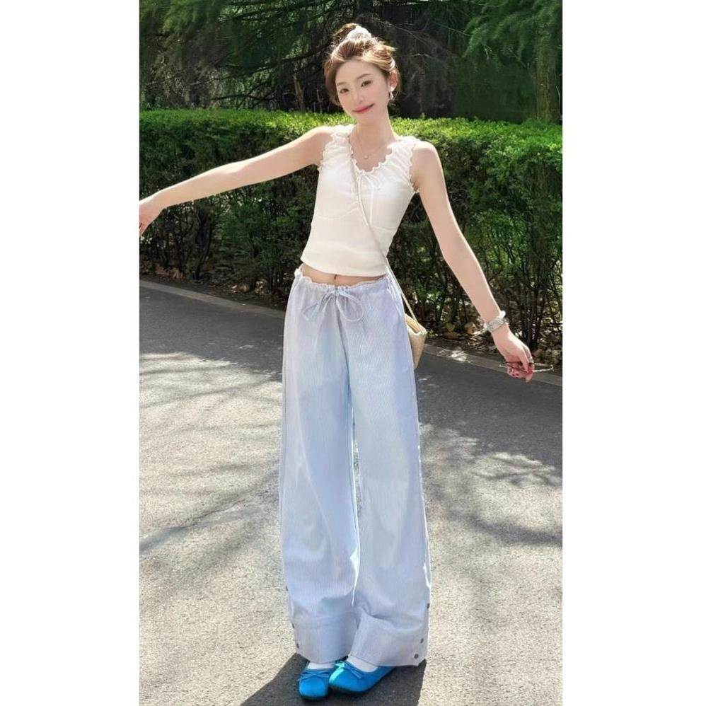 韩系蓝色低腰条纹阔腿休闲裤女秋冬新款宽松显瘦垂感直筒拖地裤子