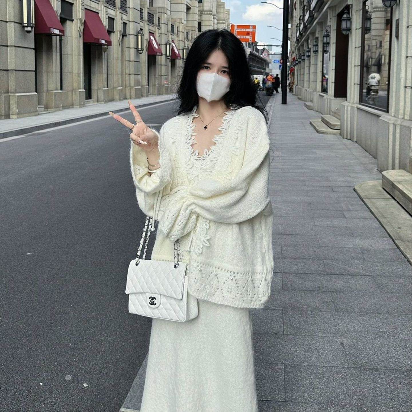温柔慵懒风针织开衫套装女春夏软糯气质毛衣外套吊带长裙两件套