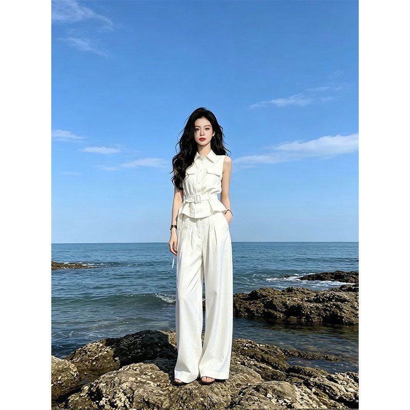 白色修身老钱风套装女宽松休闲无袖衬衫高腰气质阔腿裤时尚两件套