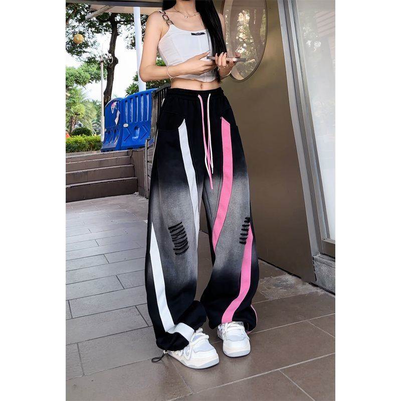 复古潮流嘻哈印花破洞秋冬新款直筒休闲裤子女百搭束脚宽松阔腿裤