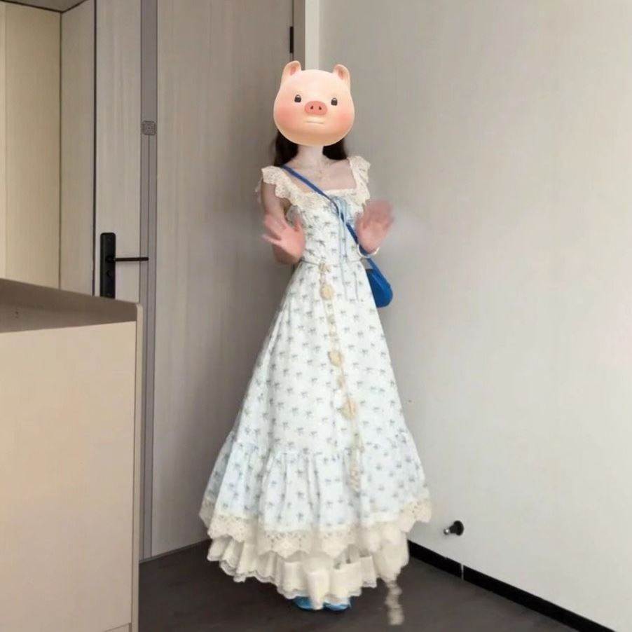 韩系气质温柔风方口领背带碎花连衣裙子女夏季度假风收腰过膝长裙