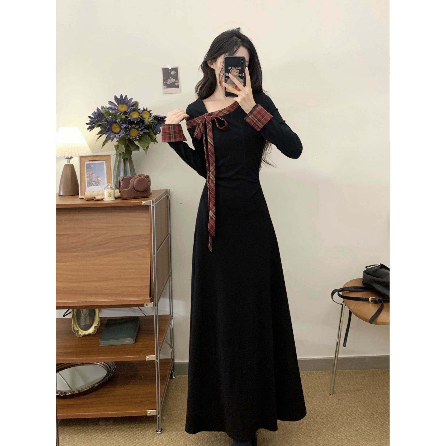 法式赫本风小黑裙蝴蝶结长袖连衣裙女2026春季遮肚子显瘦中长裙子
