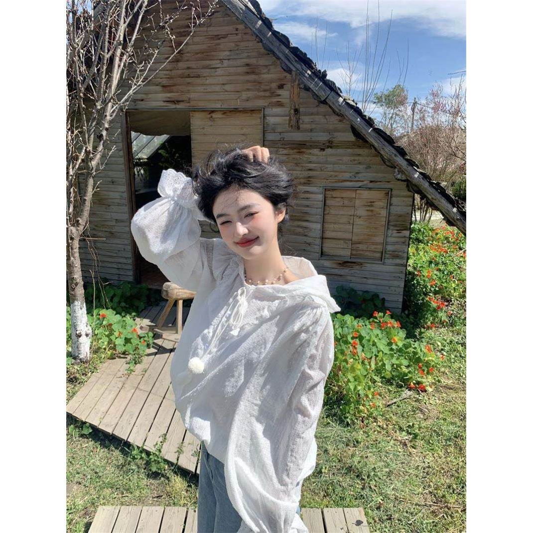 甜美减龄花边连帽系带长袖棉衬衫2026春季新款宽松独特漂亮衬衣