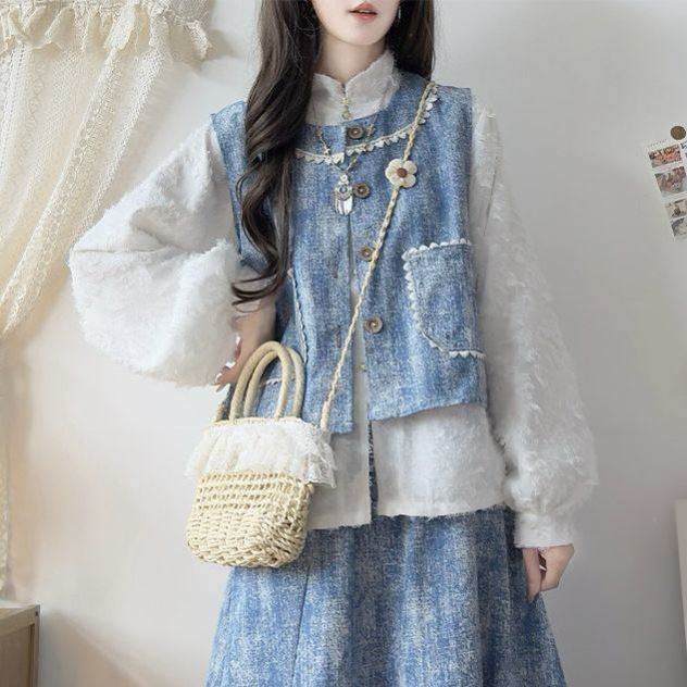 蓝色小清新牛仔提花套装裙女春秋2026新款设计感马甲半身裙三件套
