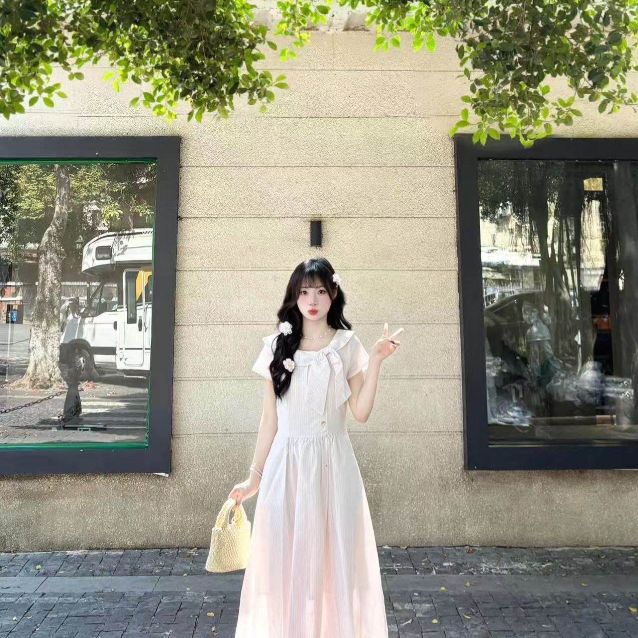 甜美蝴蝶结夏季学院风漂亮独特初恋粉色条纹长款连衣裙