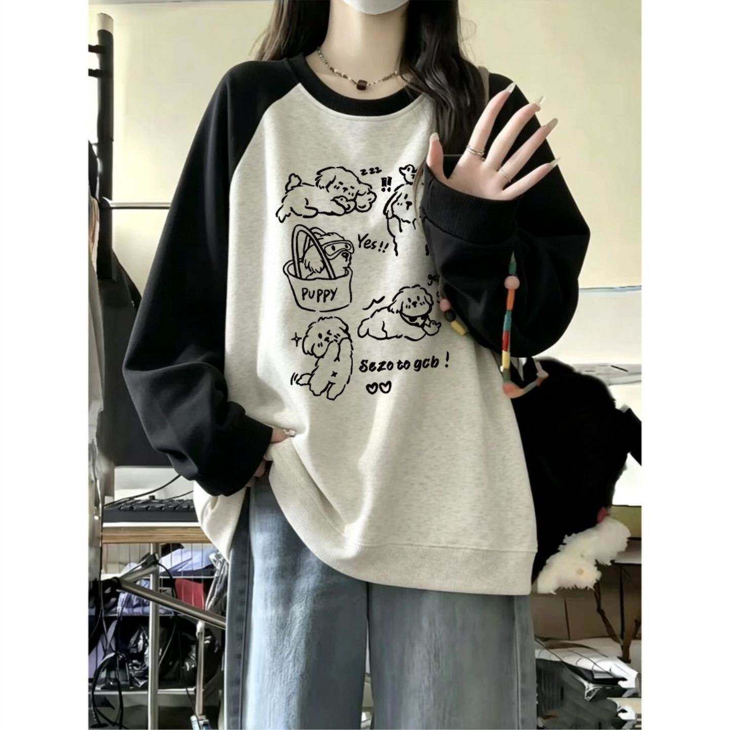 设计感撞色拼接卫衣女秋冬加绒加厚洋气宽松上衣