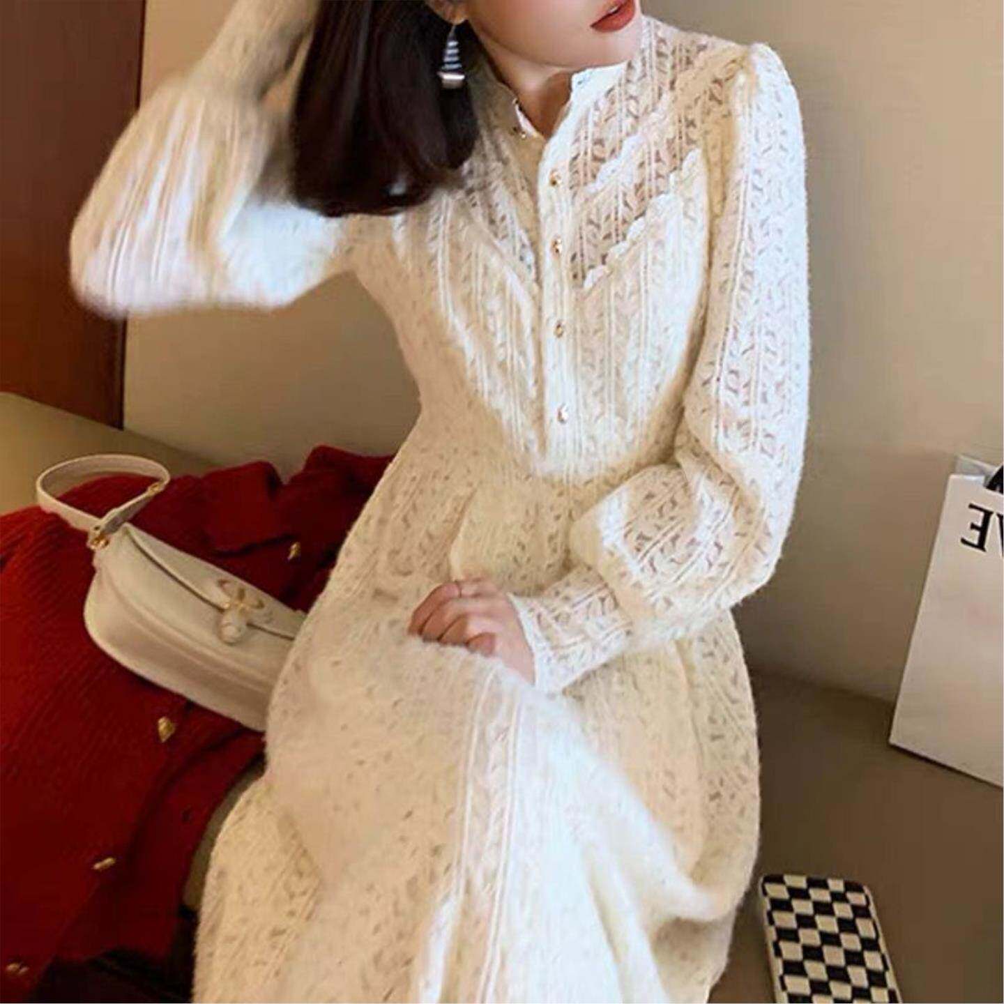 早春季名媛气质蕾丝连衣裙女法式温柔风仙女内搭显瘦加绒加厚长裙