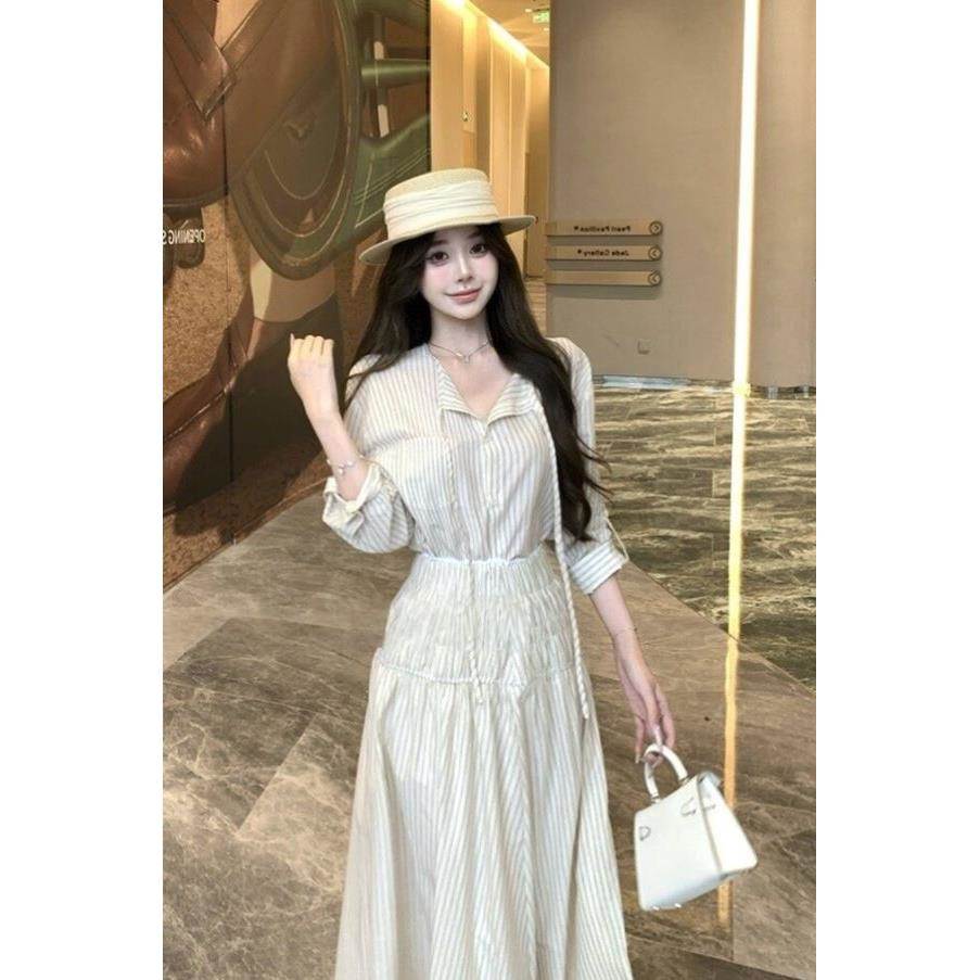 小众复古新款设计感条纹套装两件套慵懒松弛宽松休闲气质衬衫长裙