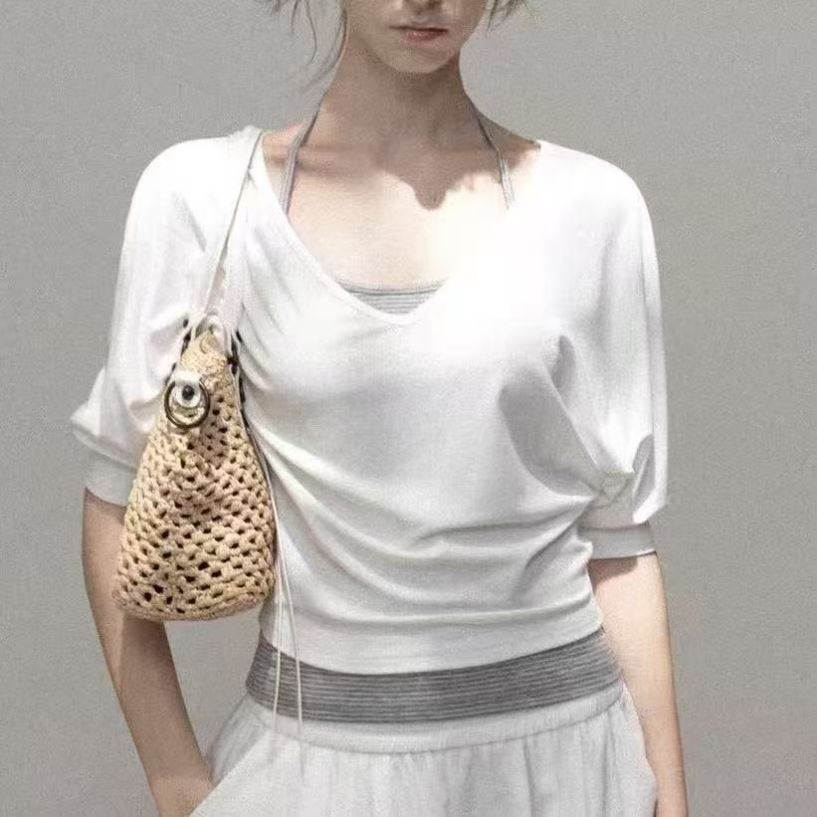 韩系白色v领中袖T恤女2026夏季休闲挂脖吊带背心两件套罩衫上衣