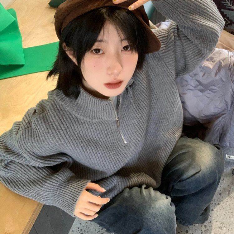 美式复古半拉链毛衣女秋秋季针织上衣百搭慵懒风小众情侣针织上衣