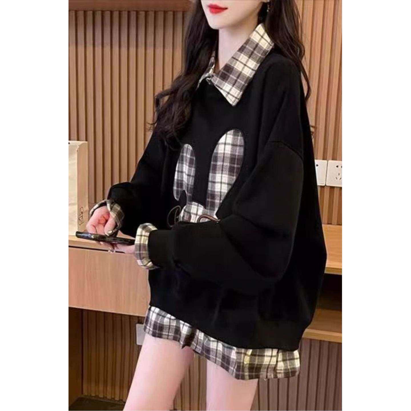 假两件Polo领洋气卫衣女学生中长款早秋季薄款宽松大码休闲上衣女