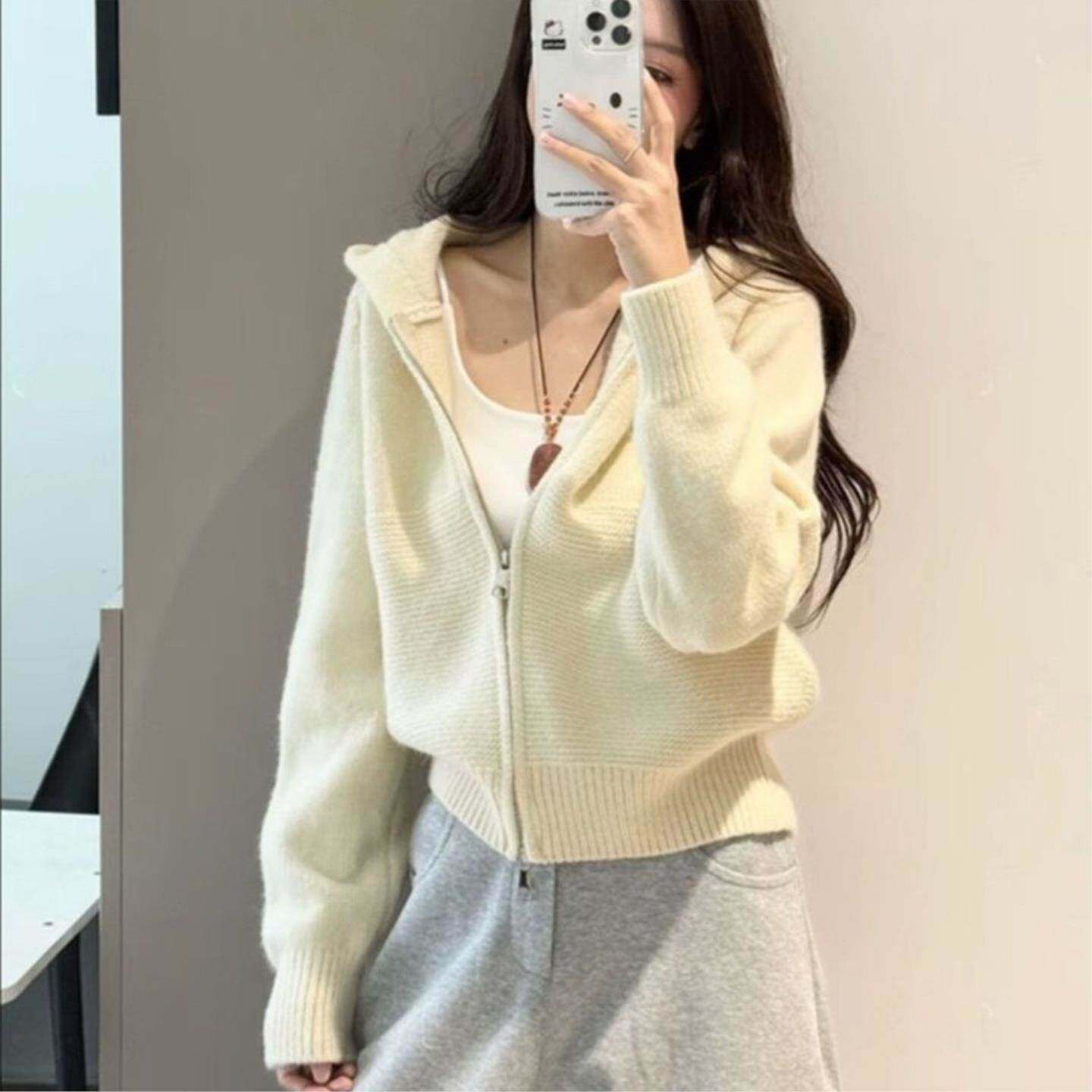 连帽拉链针织开衫女春夏 韩系宽松显瘦短款毛衣外套