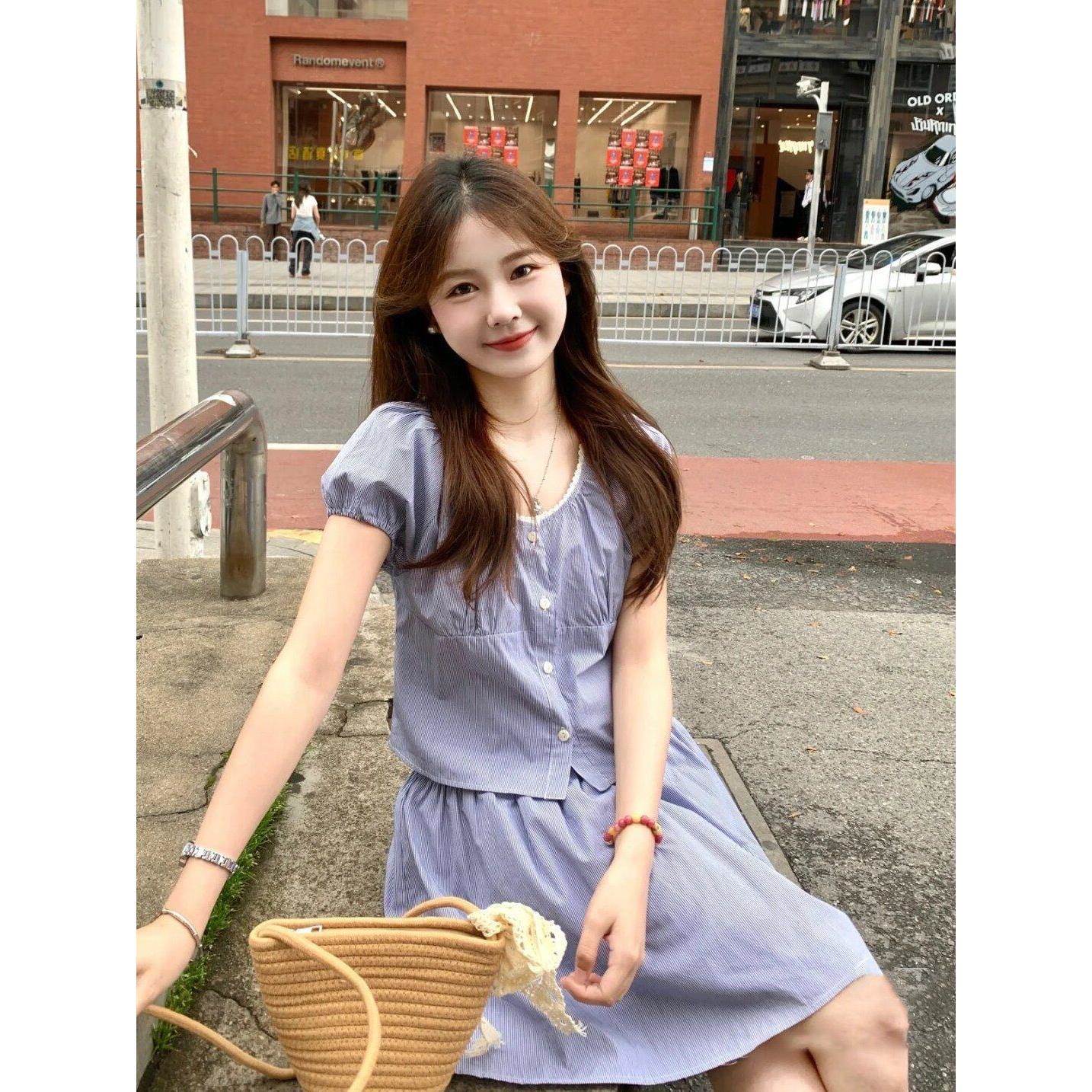 学生休闲风条纹上衣小衫半身裙短裙套装夏新款短袖小个子衬衫