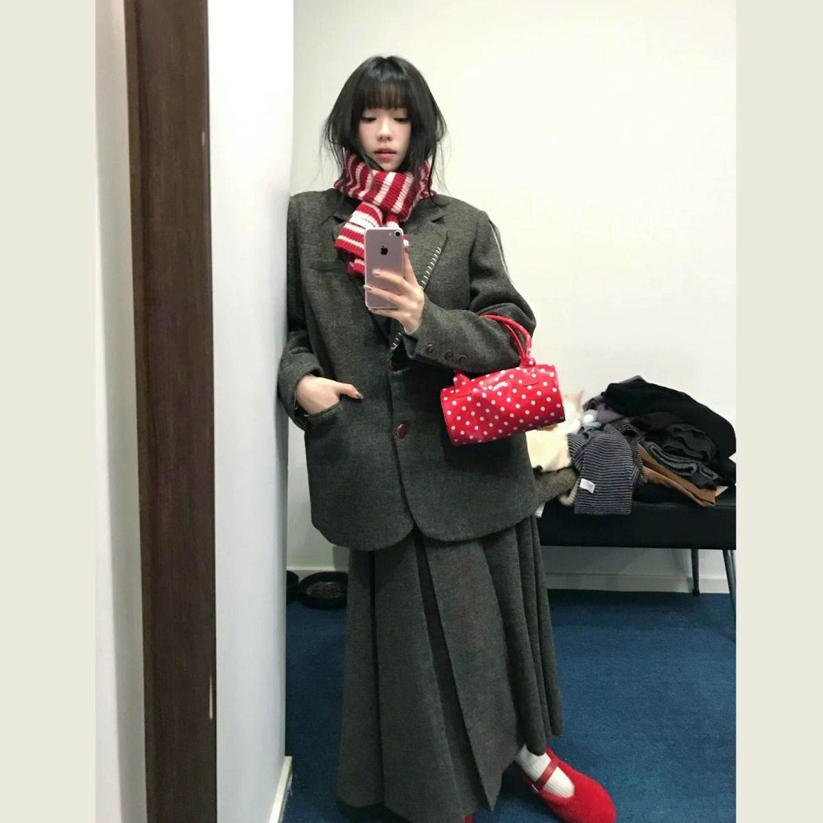 韩版大码西装外套百褶半身裙套装女早秋松弛感宽松遮肉百搭两件套