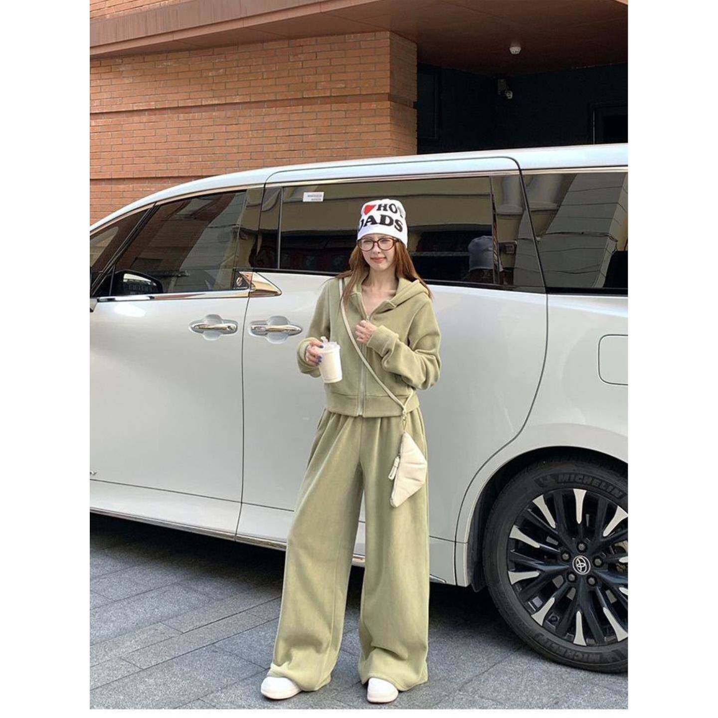 休闲运动套装女小众连帽卫衣外套上衣秋季长裤阔腿裤拖地裤两件套