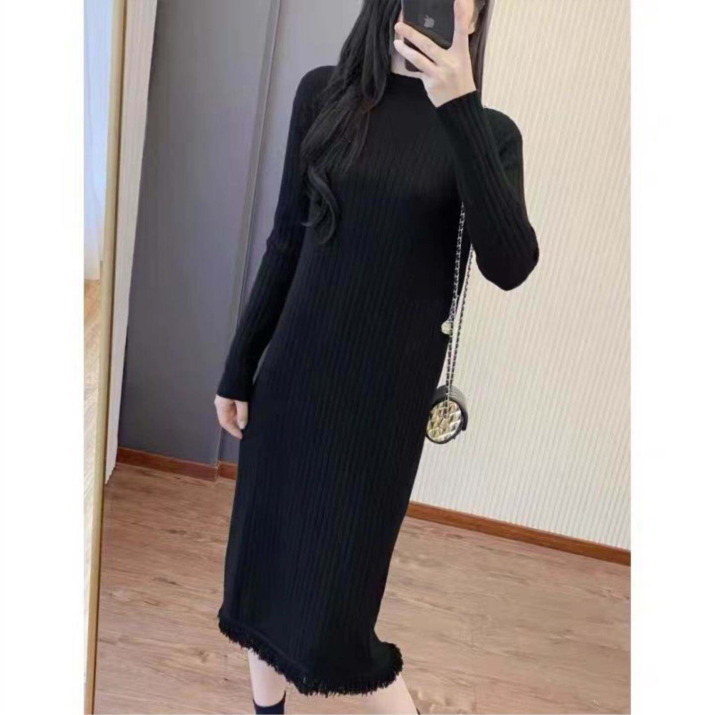 高级流苏针织连衣裙春夏直筒过膝配大衣打底毛衣长裙