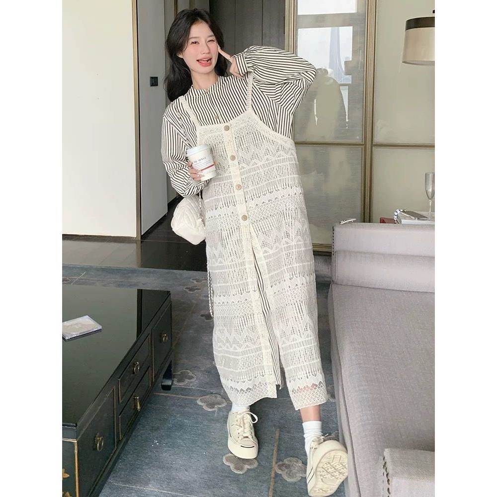 韩版简约条纹连衣裙套装秋季新款时尚学生蕾丝吊带裙两件套女