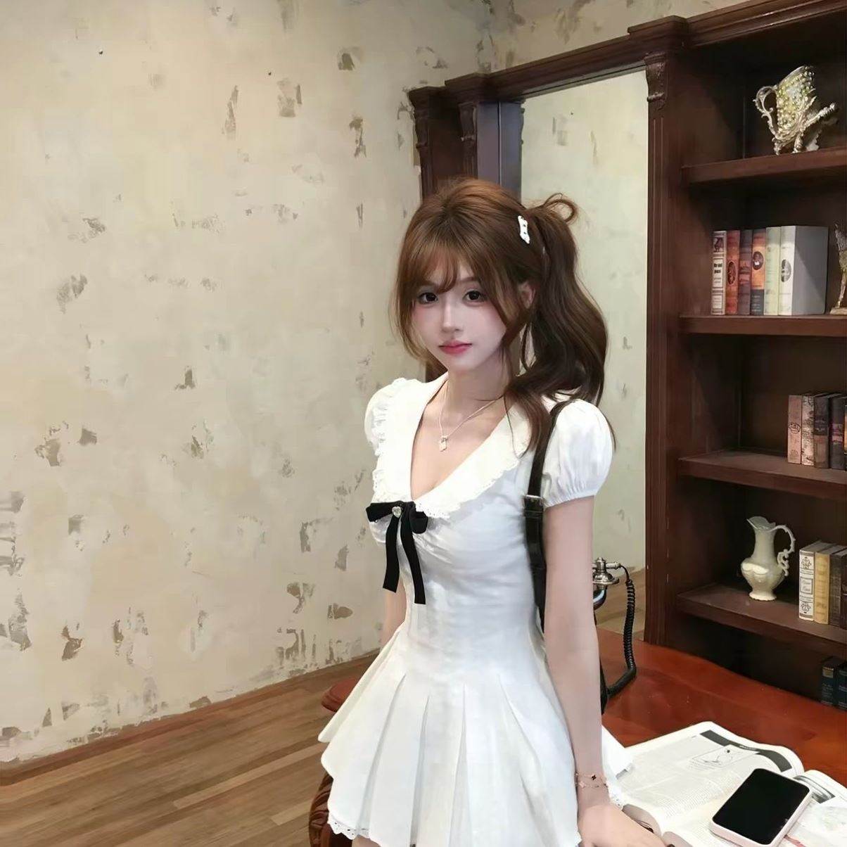白色法式甜美学院风泡泡袖翻领连衣裙女夏蕾丝边蝴蝶结百褶初恋裙