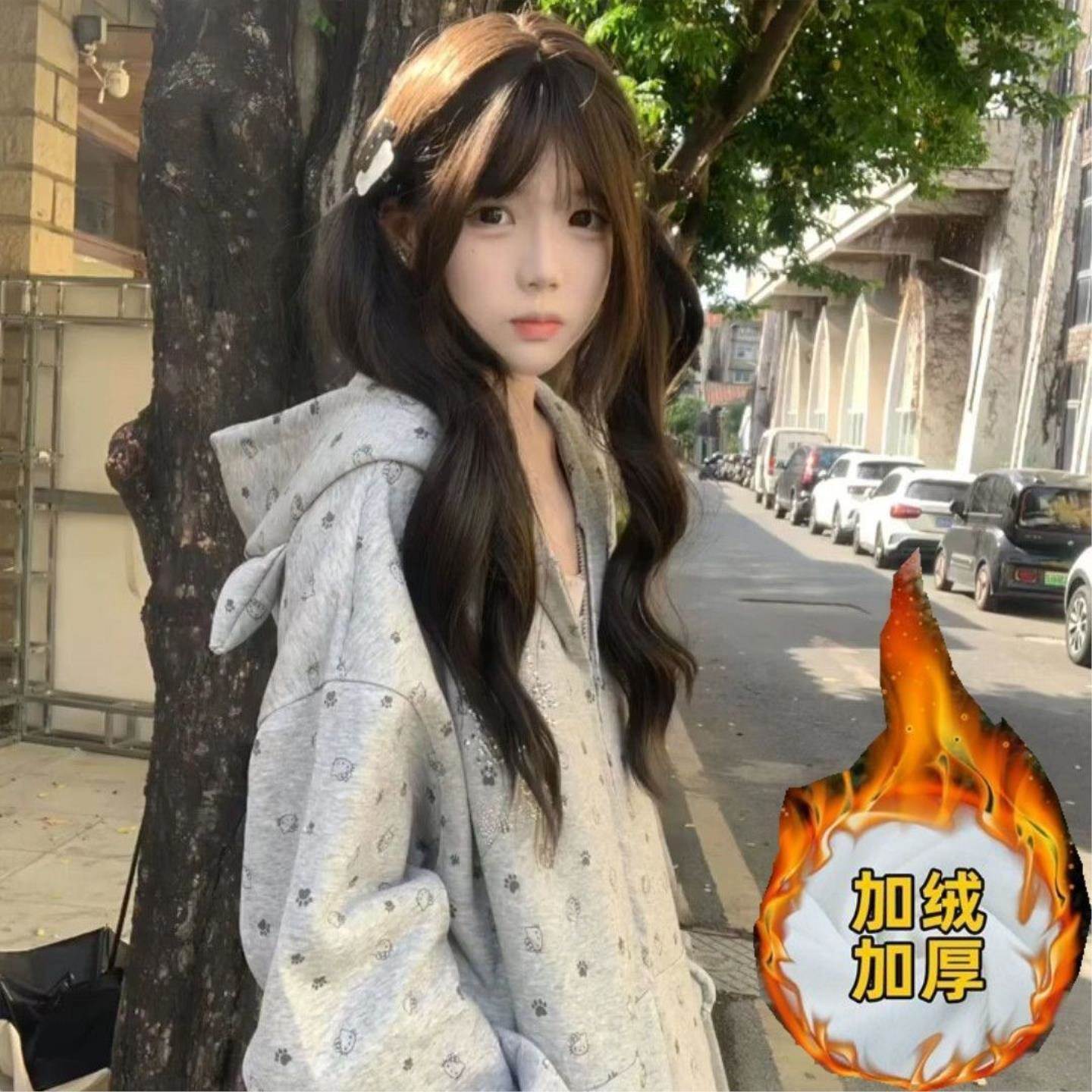 韩系带帽猫咪满印卫衣连帽开衫宽松初春季复古休闲帽衫小猫爪外套