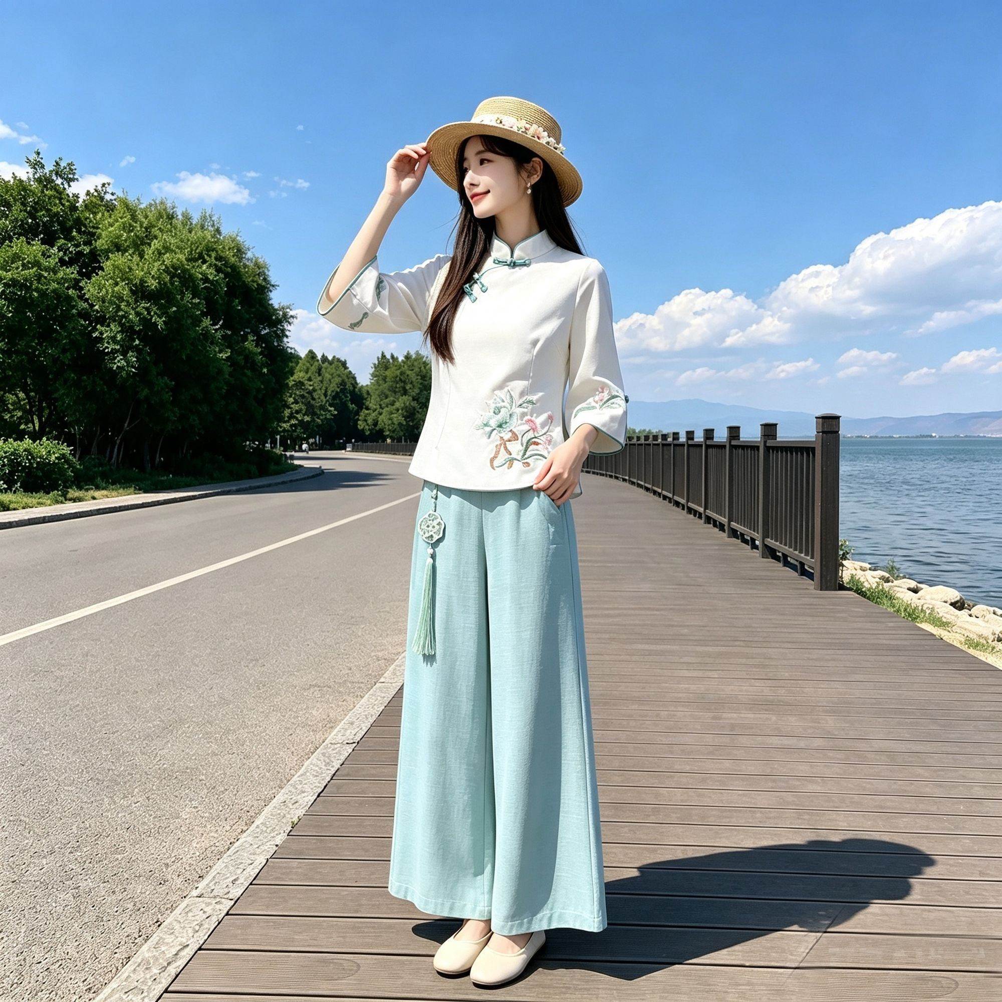 刺绣改良旗袍唐装春夏两件套中式显瘦套装七分上衣复古民族女装