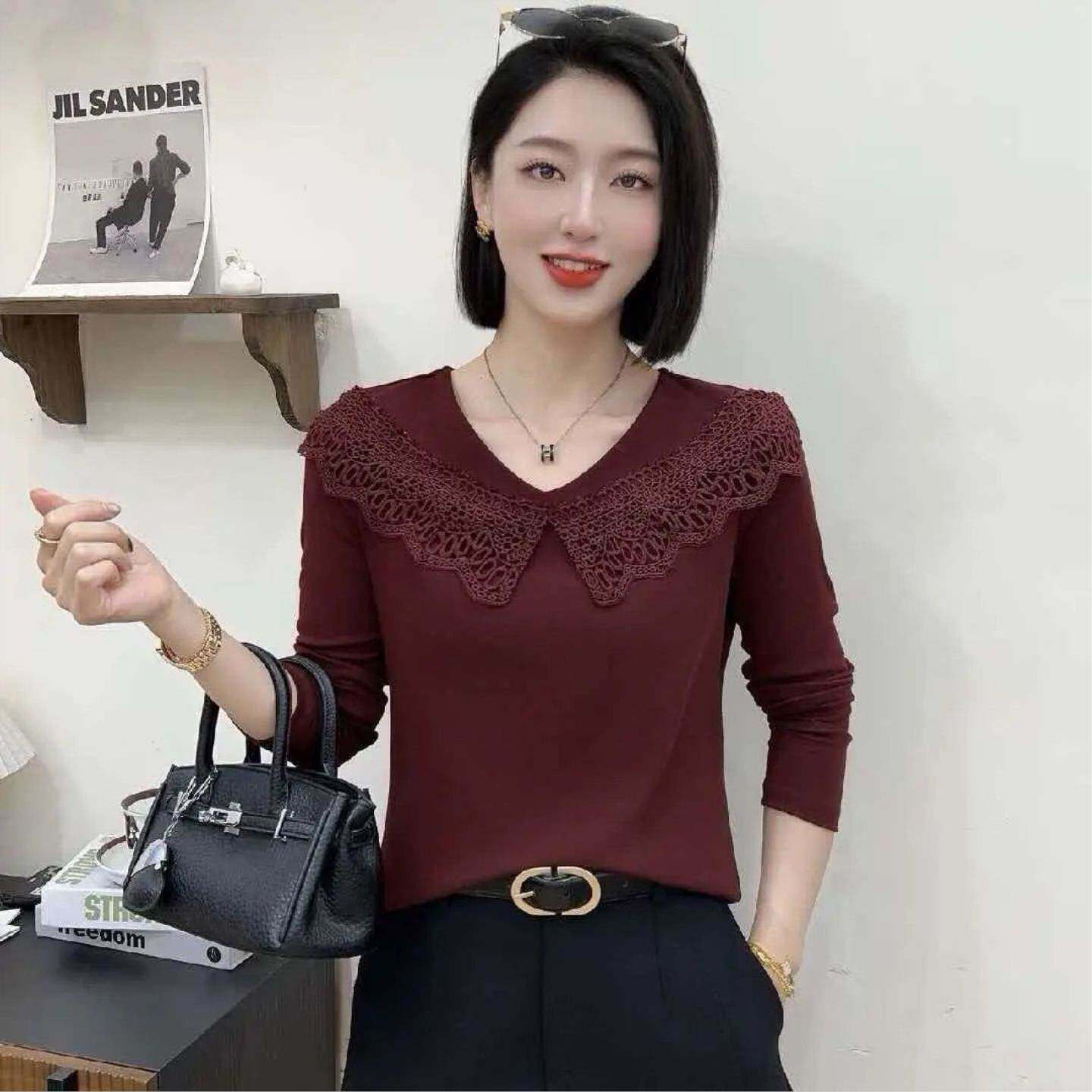 秋季新款洋气打底衫串珠V领T恤女百搭宽松蕾丝拼接上衣女