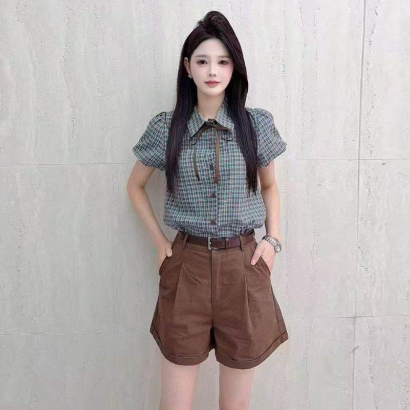小个子套装女2026夏季新款美式格子洋气减龄短袖衬衫短裤两件套