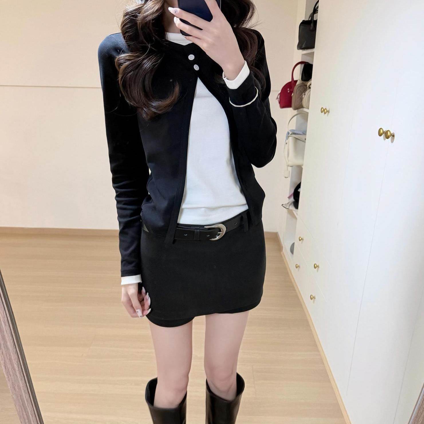 韩系纽扣开叉长袖恤女休闲百搭独特假两件上衣