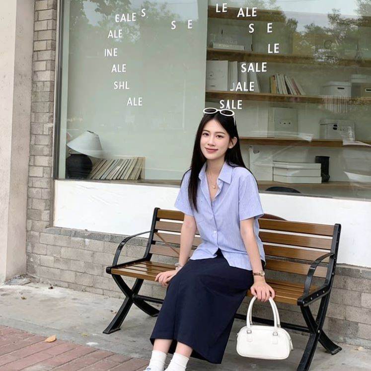 夏季款韩系学院风套装女时尚减龄条纹短袖衬衫半身裙子两件套复古