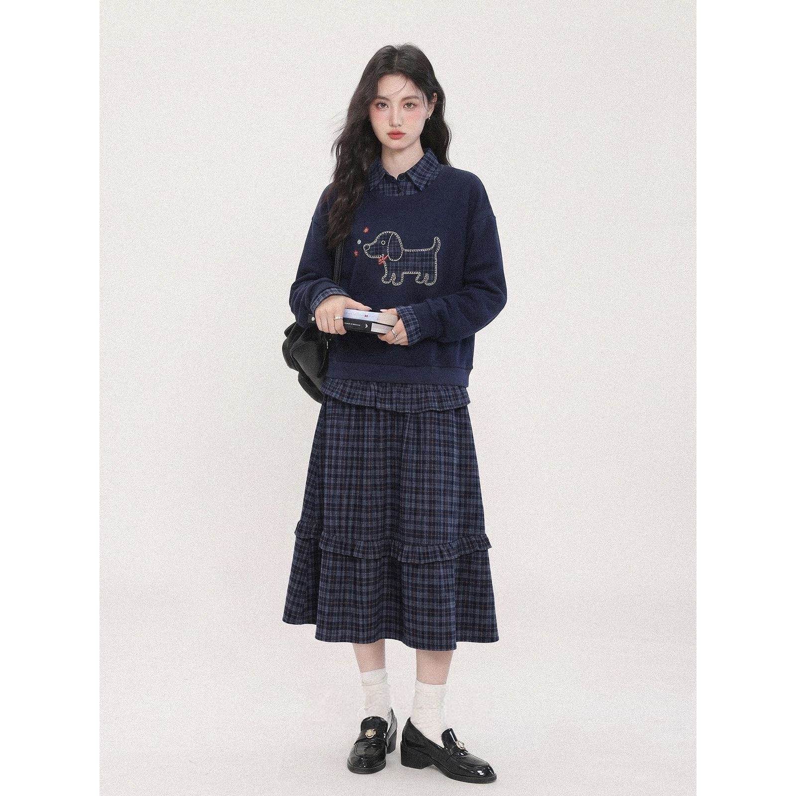 2026秋新款藏青色卫衣格子半身裙套装女巨好看休闲漂亮时尚两件套