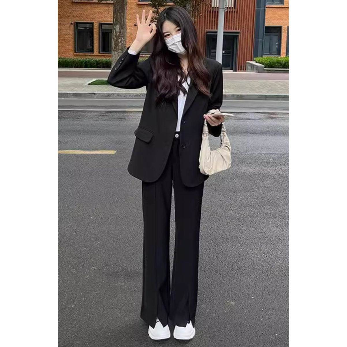 高端黑色西装套装女大学生答辩教资面试西服职业正装