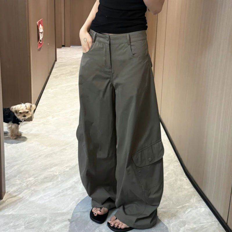 夏季复古韩系慵懒风低腰工装口袋宽松军绿色休闲裤