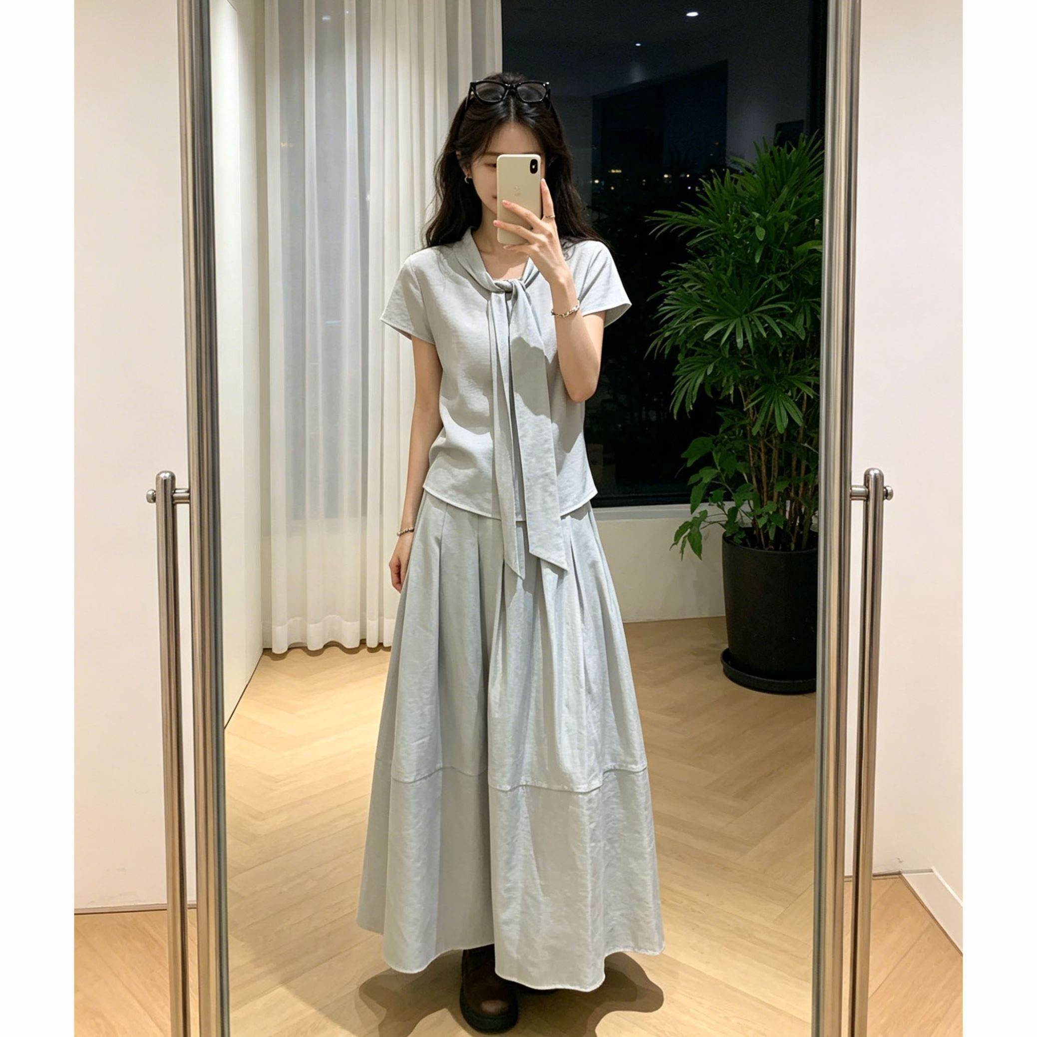夏季港风女清宁时序韩系简约风短袖衬衫上衣长款半身裙显瘦两件套