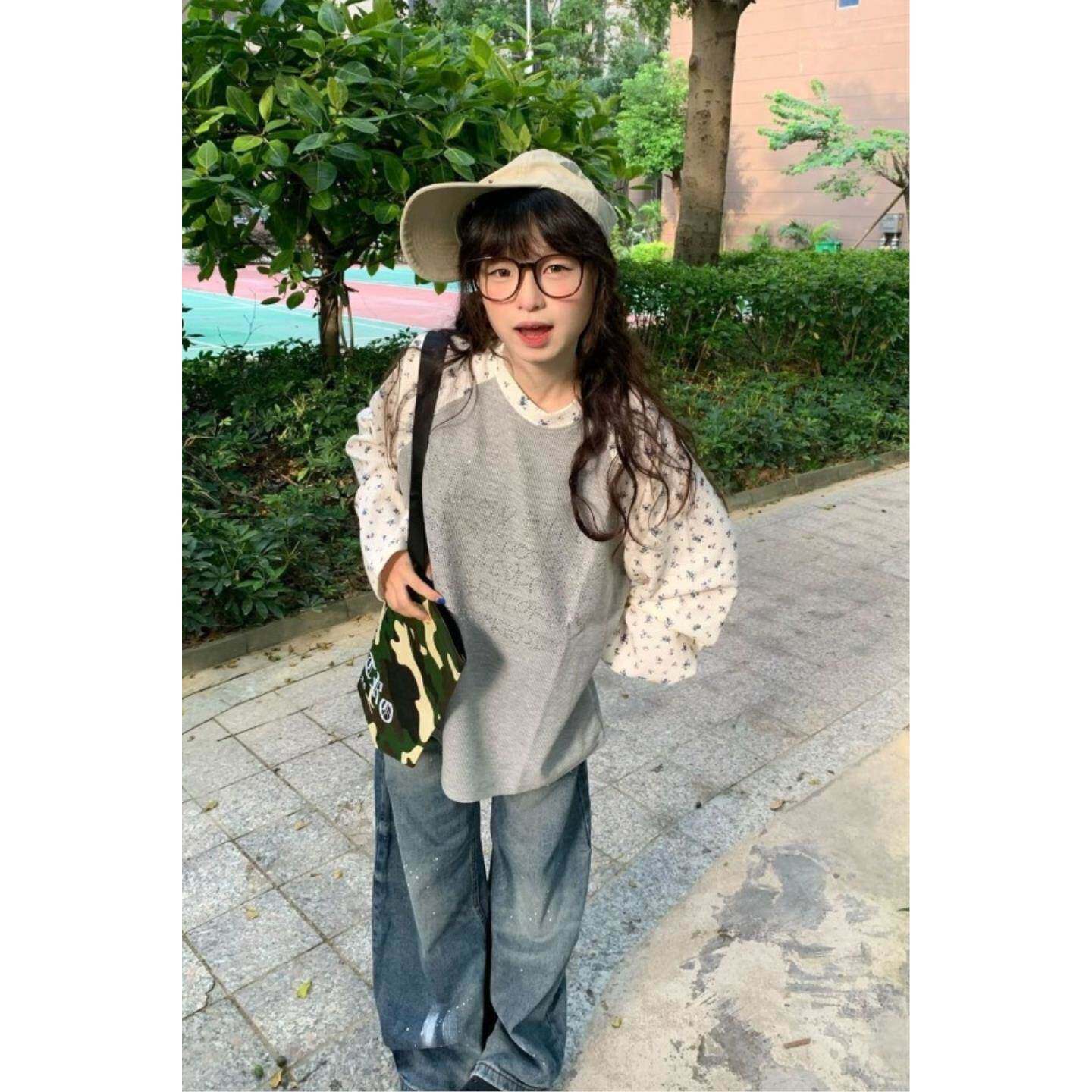 美式华夫格撞色碎花插肩长袖T恤女早秋季情侣宽松韩系通勤上衣