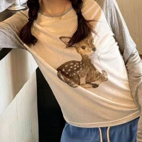 韩系甜美风小鹿印花长袖T恤女夏季2026新款百搭显瘦撞色圆领上衣