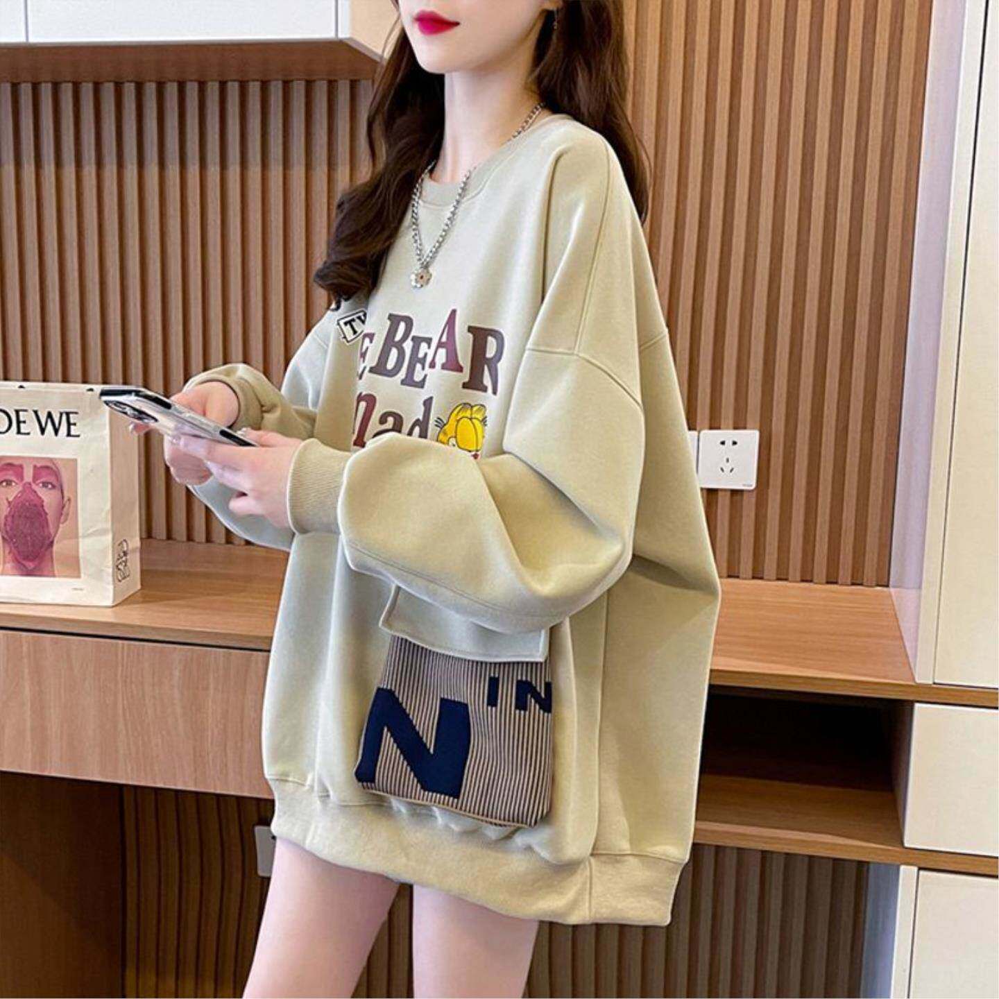 韩版显瘦宽松薄款卫衣女早秋2026新款中长款口袋拼接上衣