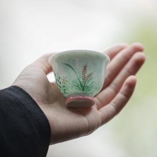 釉下彩手绘芦苇花高足茶杯绿色小清新陶瓷品茗杯家用功夫茶具 中式
