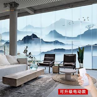 窗帘升降免打孔禅意屏风帘子隔断悬挂式 办公室卷帘中式 遮挡山水画