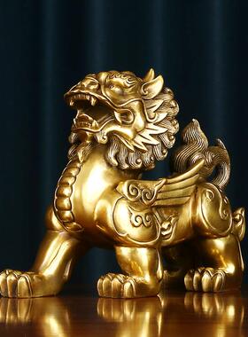 黄铜麒麟摆件一对铜工艺礼品摆饰中式家居办公室桌面公司开业乔迁