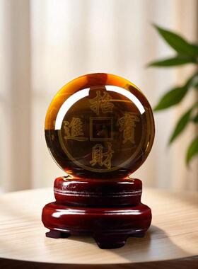 太极八卦黄白水晶球摆件内雕招财进宝家居客厅装饰工艺品乔迁送礼