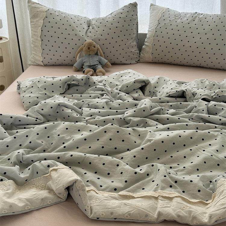 简洗约i季ns少蓝色波点复古蕾丝花边女水棉YIF夏凉被四件套夏空调