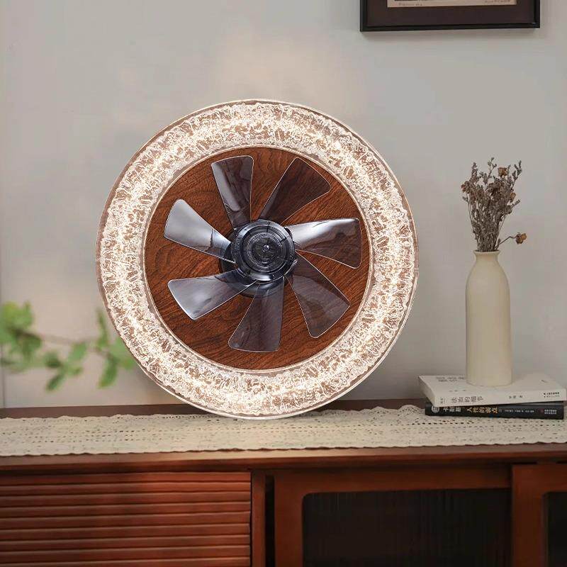 式轻奢卧室吊风扇灯古风胡桃色冰晶树脂圆意形静音电中扇一体吸顶