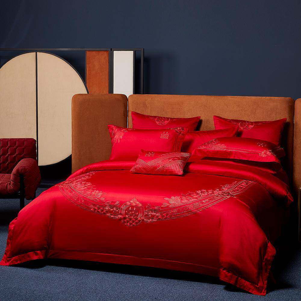 悠仙婚居120棉S长绒庆四件套红大色MPY刺绣高档结婚陪嫁新婚床上