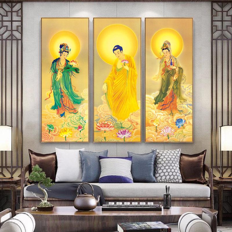 西画方圣佛像观音菩萨中画像壁画堂三供台摆挂画HYU客厅禅意背景