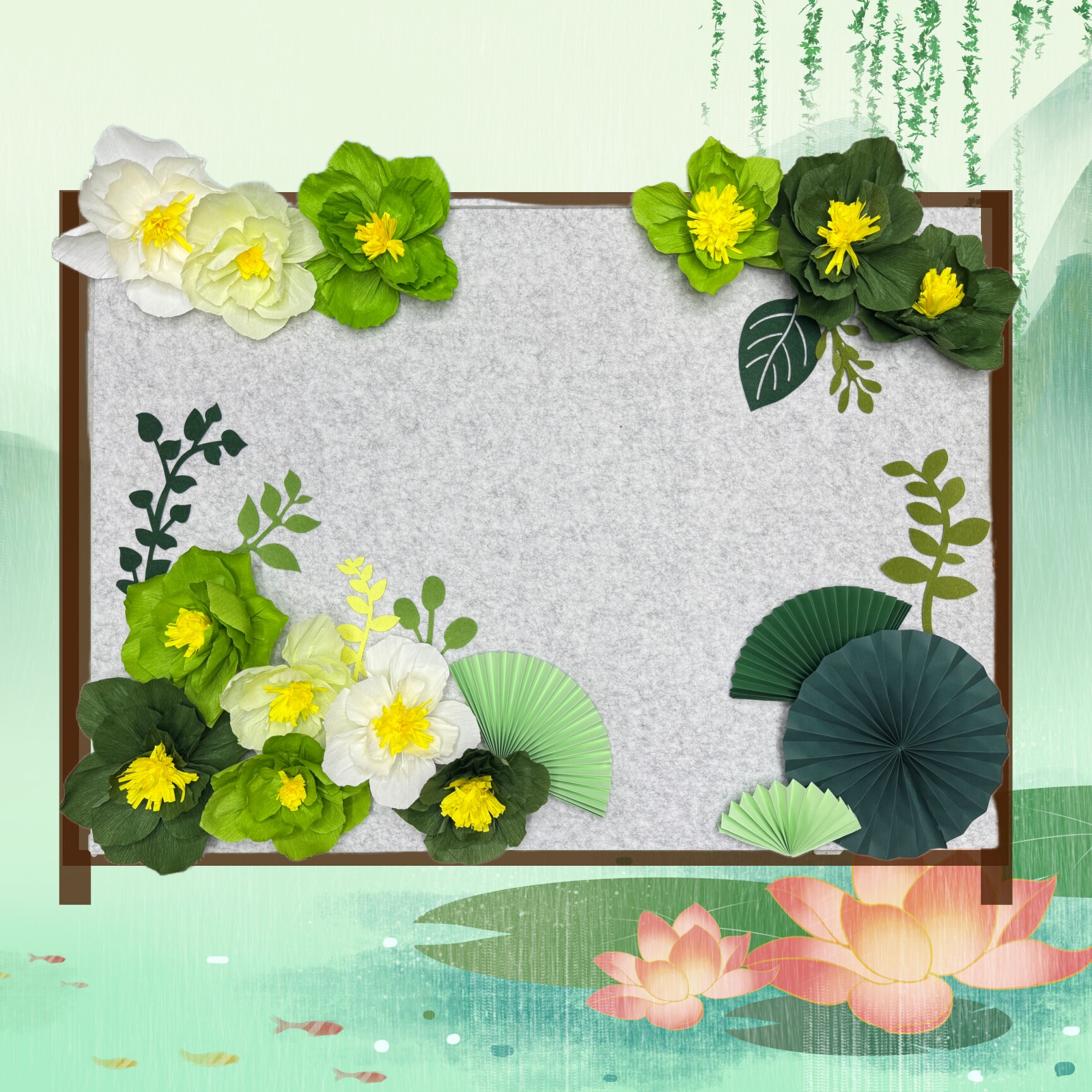 夏日环创中式纸花荷花荷叶黑板墙
