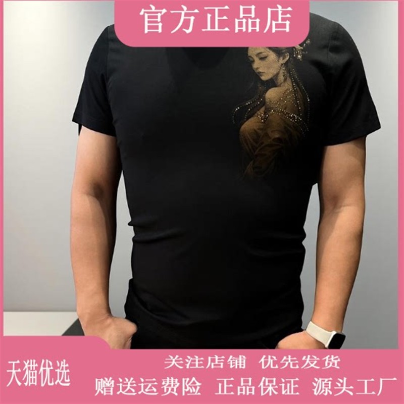 锋界服饰双面美女新款烫钻印花男士轻奢时尚休闲夏季圆领短袖T恤