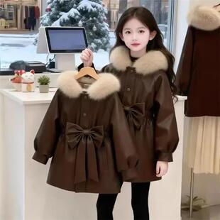 尚喜童装优选儿童冬女童加绒皮衣外套冬装女孩可拆卸毛领派克服