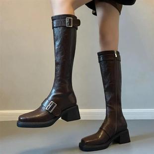 觅华轻奢女鞋 企业店皮带扣橡胶z软底长H筒靴细腿长靴女新骑士靴粗