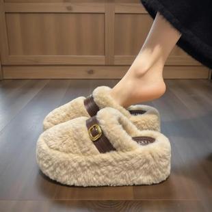 米多多好物优选t888羊羔绒高跟厚底毛毛拖鞋 加包头8CM增高 女冬季