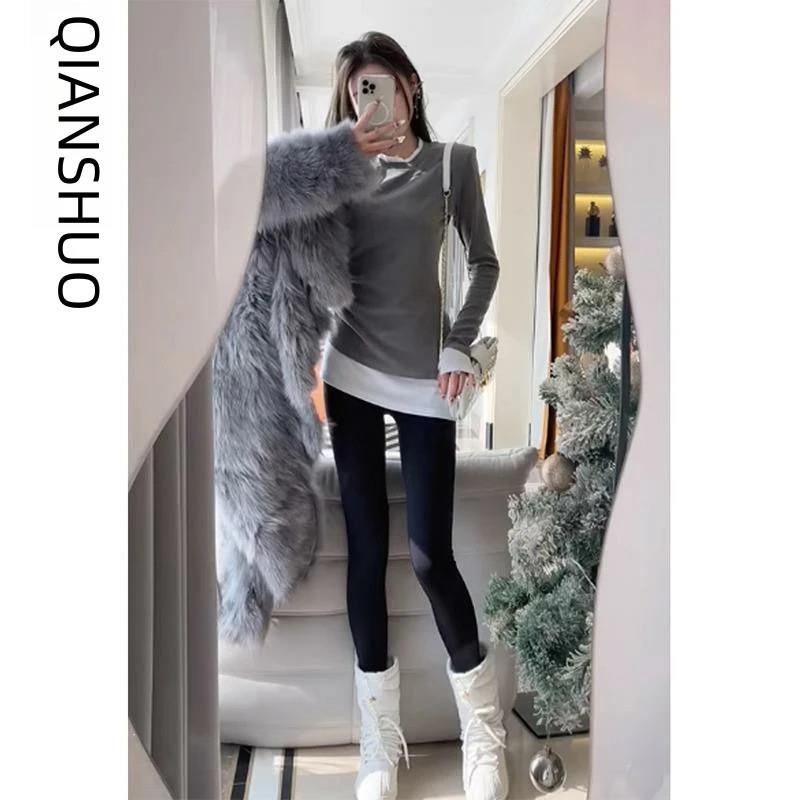 维斯高奢m女装假两件磨毛内搭打底衫女秋冬中长搭配鲨鱼裤拼接上