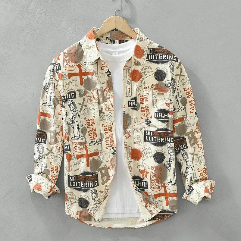 法梵蒂男装港风复古印花长袖衬衫男士纯棉涂鸦衬衣宽松上衣外套